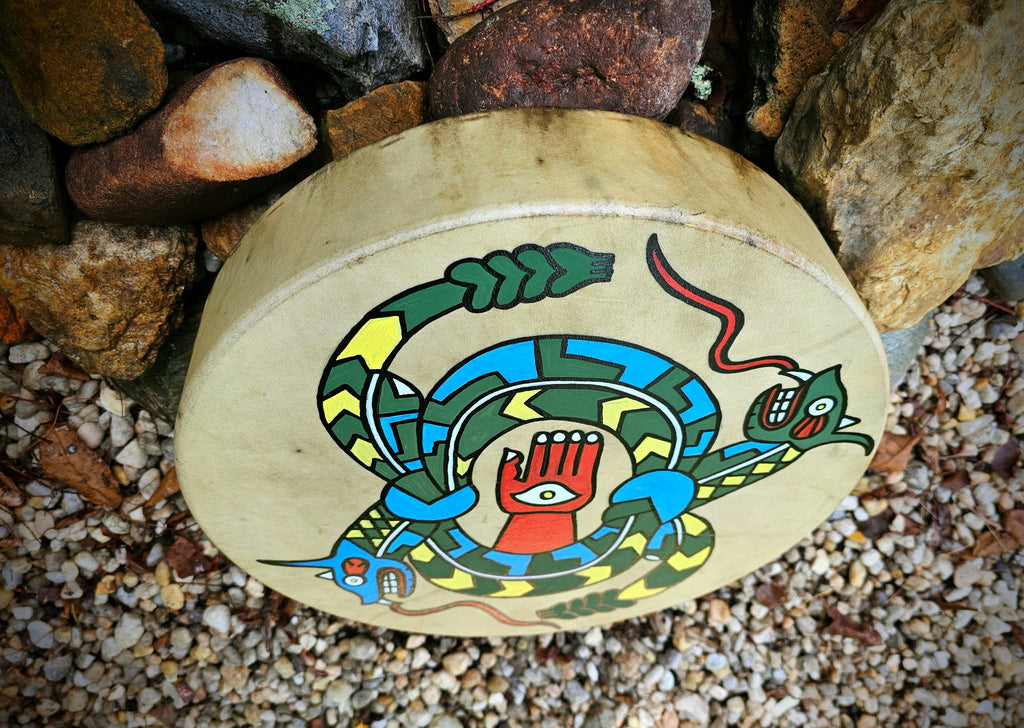 15 Inch Deer Hide Drum | Hand Painted Mississippian Style Rattlesnake