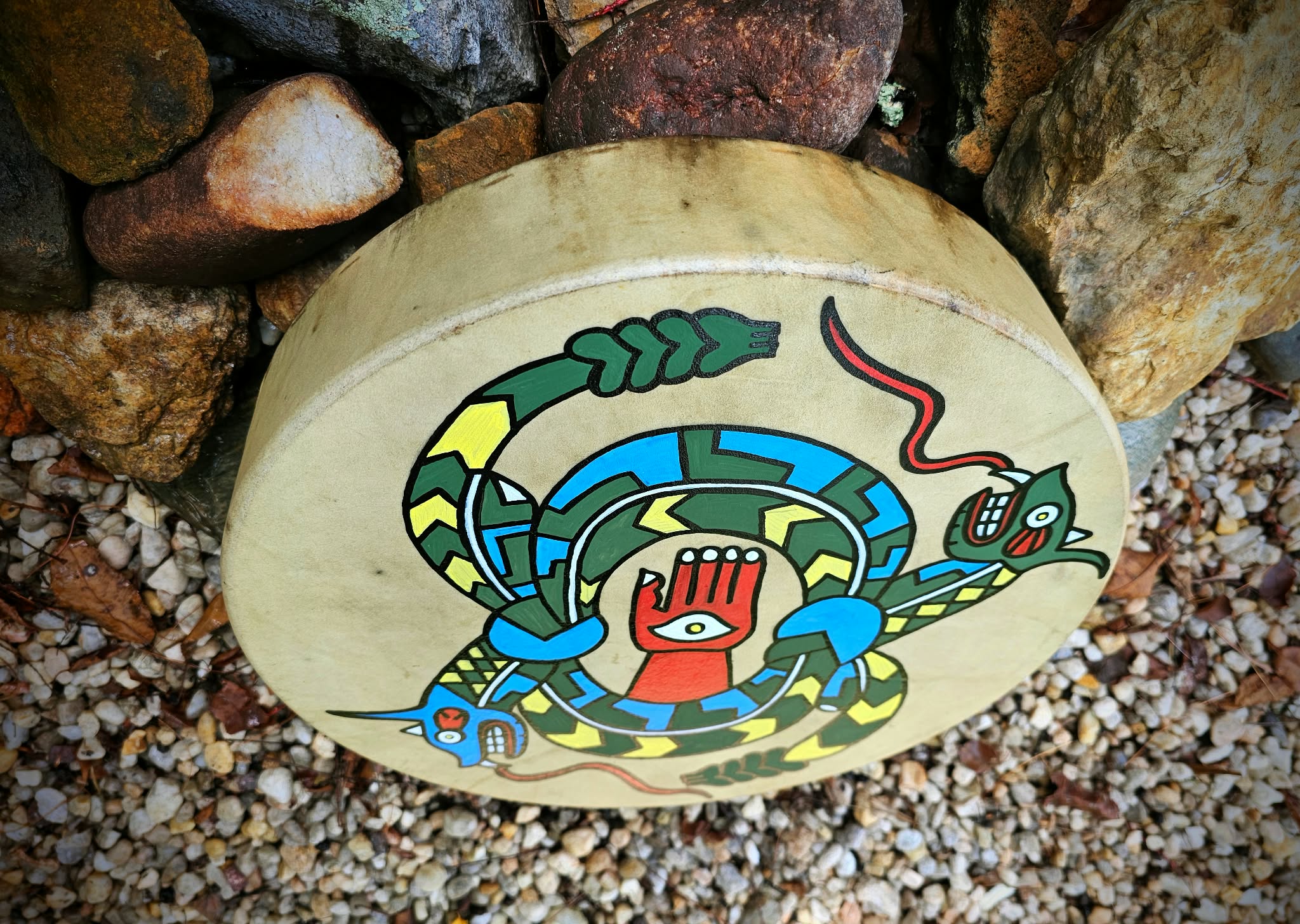 15 Inch Deer Hide Drum | Hand Painted Mississippian Style Rattlesnake