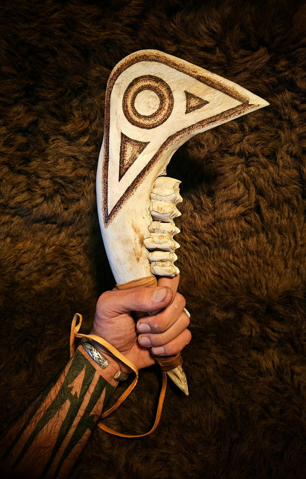 Hand Carved and Burned Bison Jaw Club