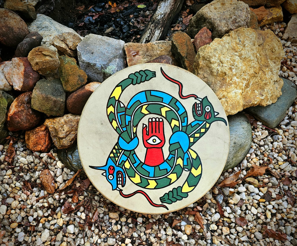 15 Inch Deer Hide Drum | Hand Painted Mississippian Style Rattlesnake