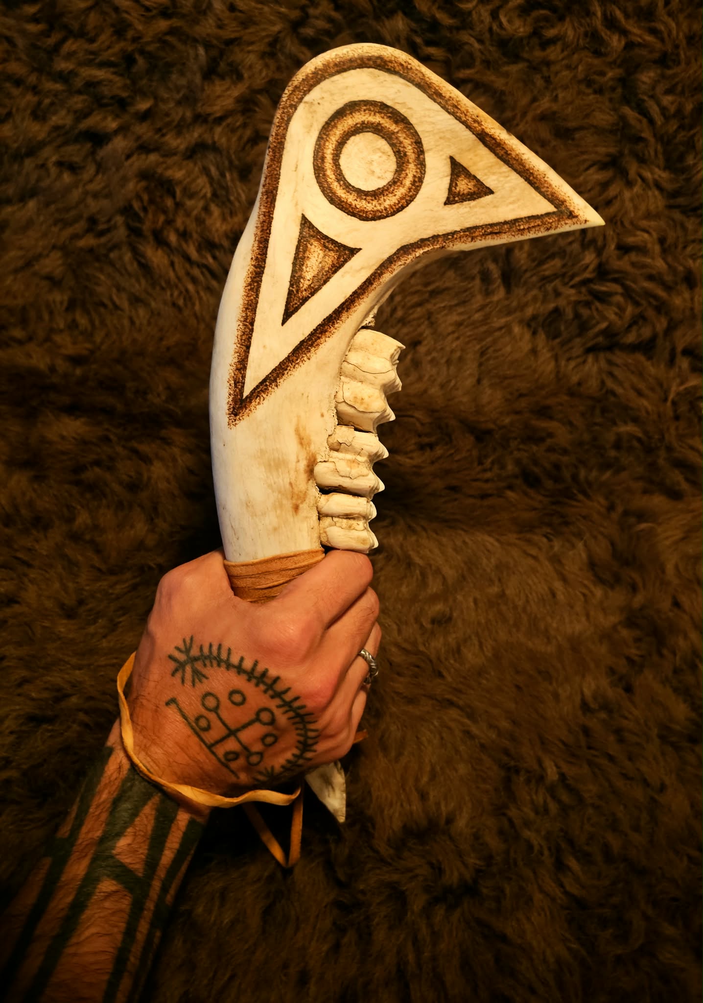 Hand Carved and Burned Bison Jaw Club