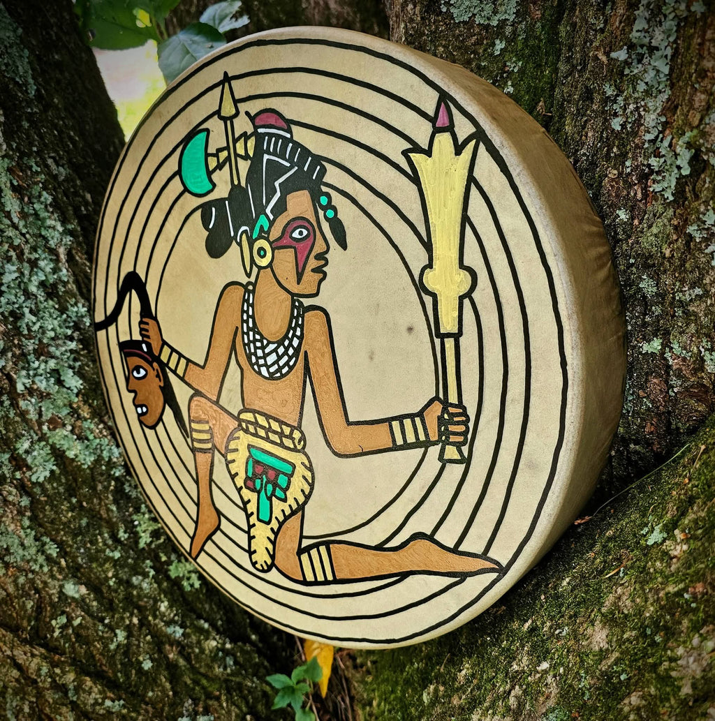 15 Inch Deer Hide Drum | Hand Painted Mississippian Warrior Gorget