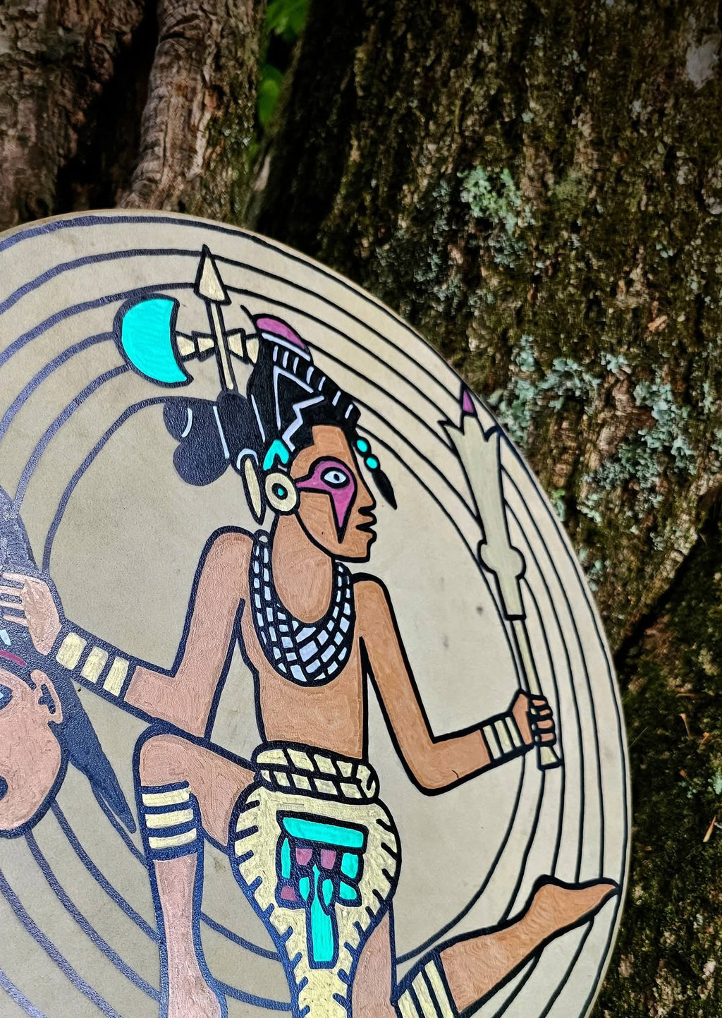 15 Inch Deer Hide Drum | Hand Painted Mississippian Warrior Gorget
