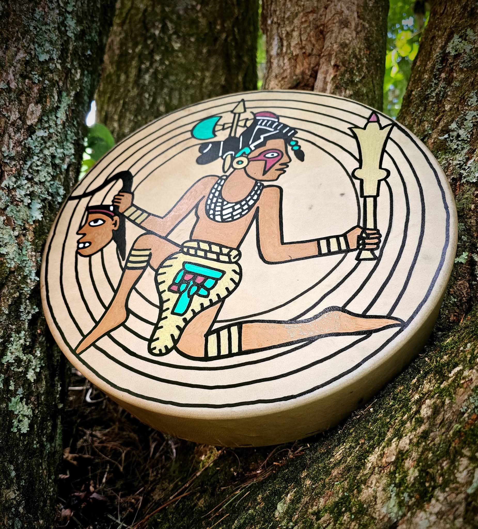 15 Inch Deer Hide Drum | Hand Painted Mississippian Warrior Gorget