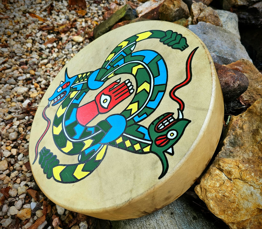 15 Inch Deer Hide Drum | Hand Painted Mississippian Style Rattlesnake