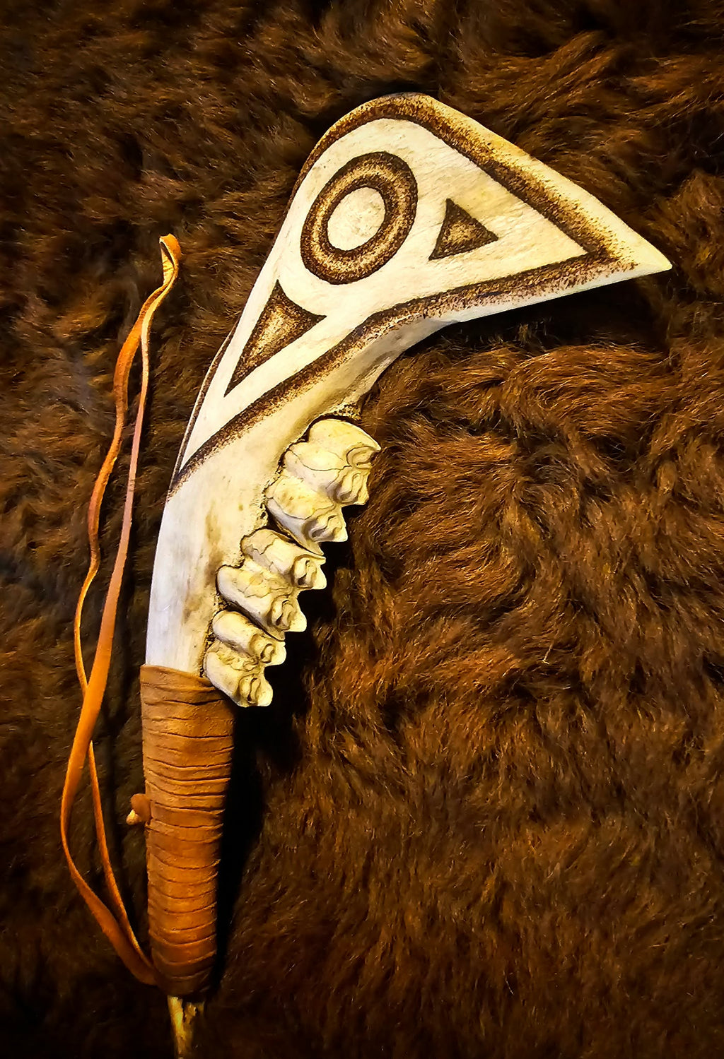 Hand Carved and Burned Bison Jaw Club
