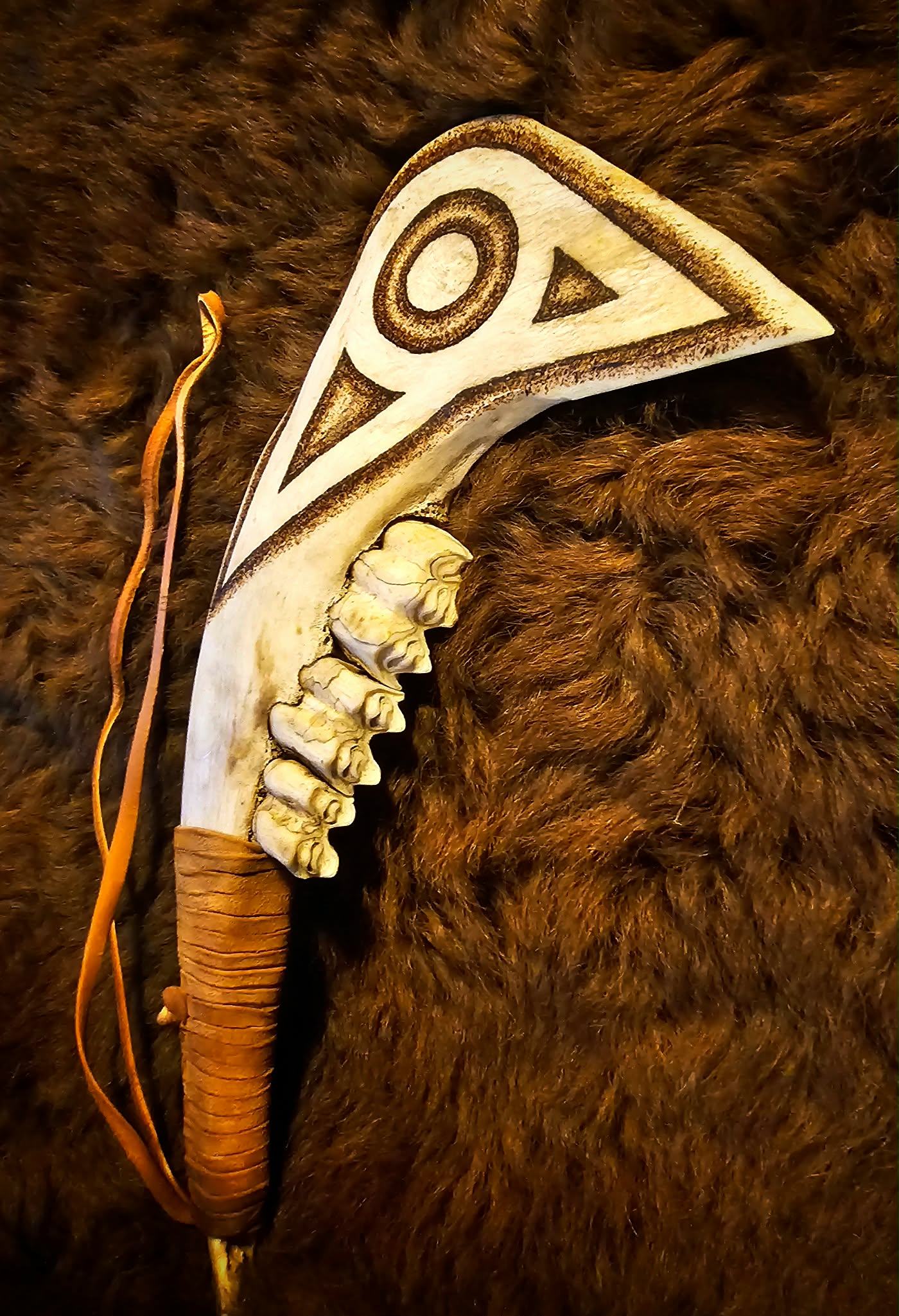 Hand Carved and Burned Bison Jaw Club