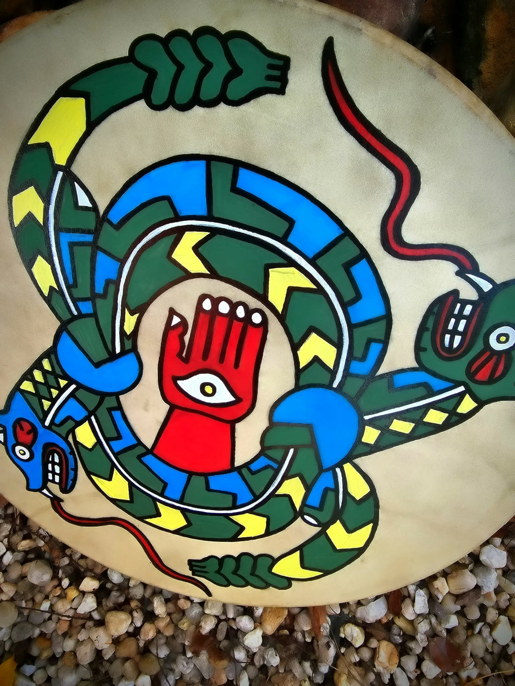 15 Inch Deer Hide Drum | Hand Painted Mississippian Style Rattlesnake