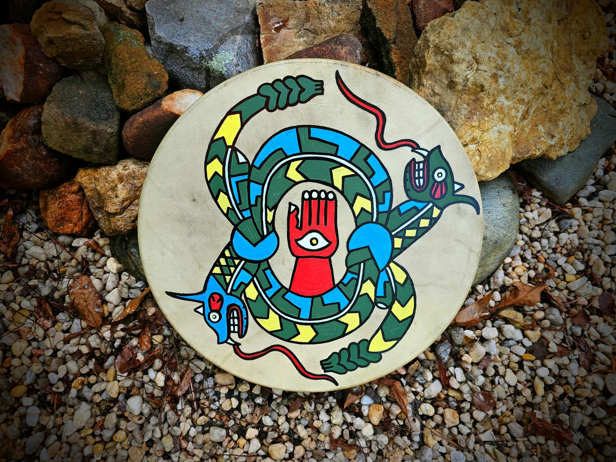 15 Inch Deer Hide Drum | Hand Painted Mississippian Style Rattlesnake