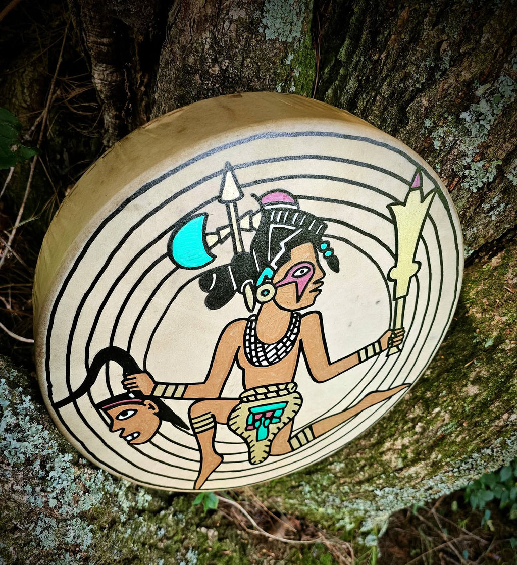 15 Inch Deer Hide Drum | Hand Painted Mississippian Warrior Gorget