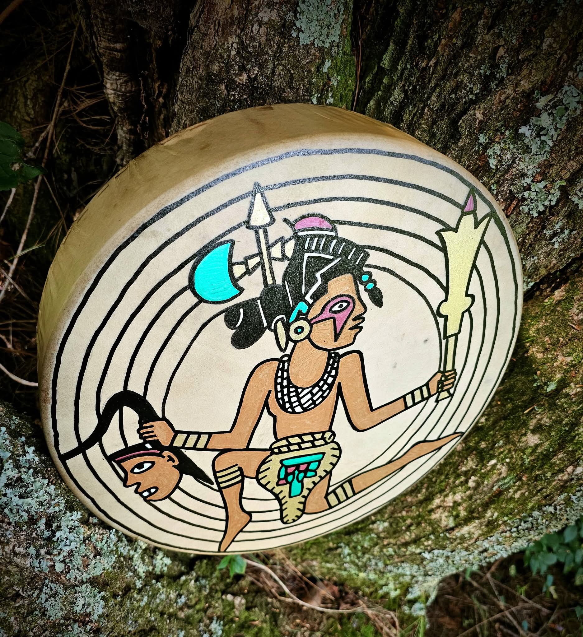 15 Inch Deer Hide Drum | Hand Painted Mississippian Warrior Gorget